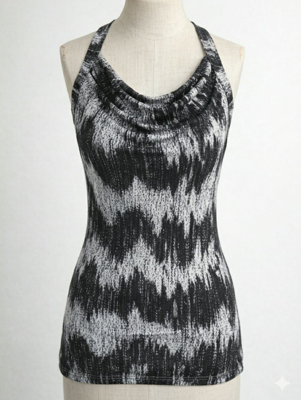 Vintage 90s Y2K Slinky Knit Top Black White Abstract Chevron Cowl Neck Halter S